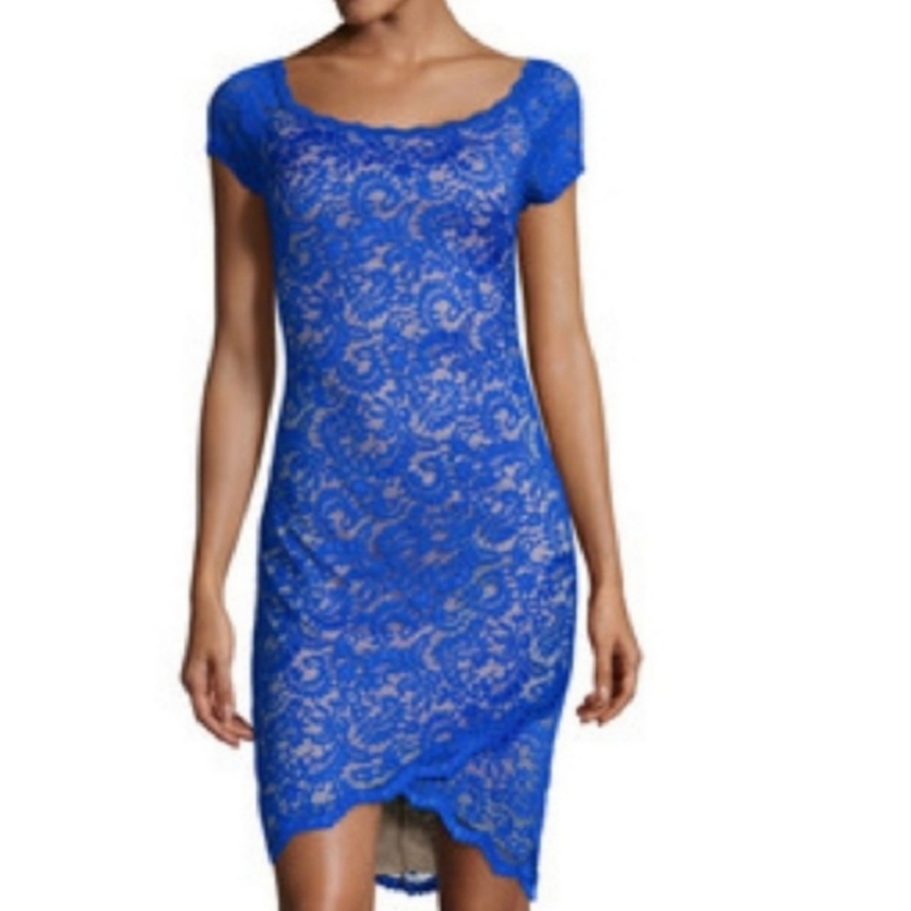 Bisou Bisou Blue lace overlay nude size 6 scoop